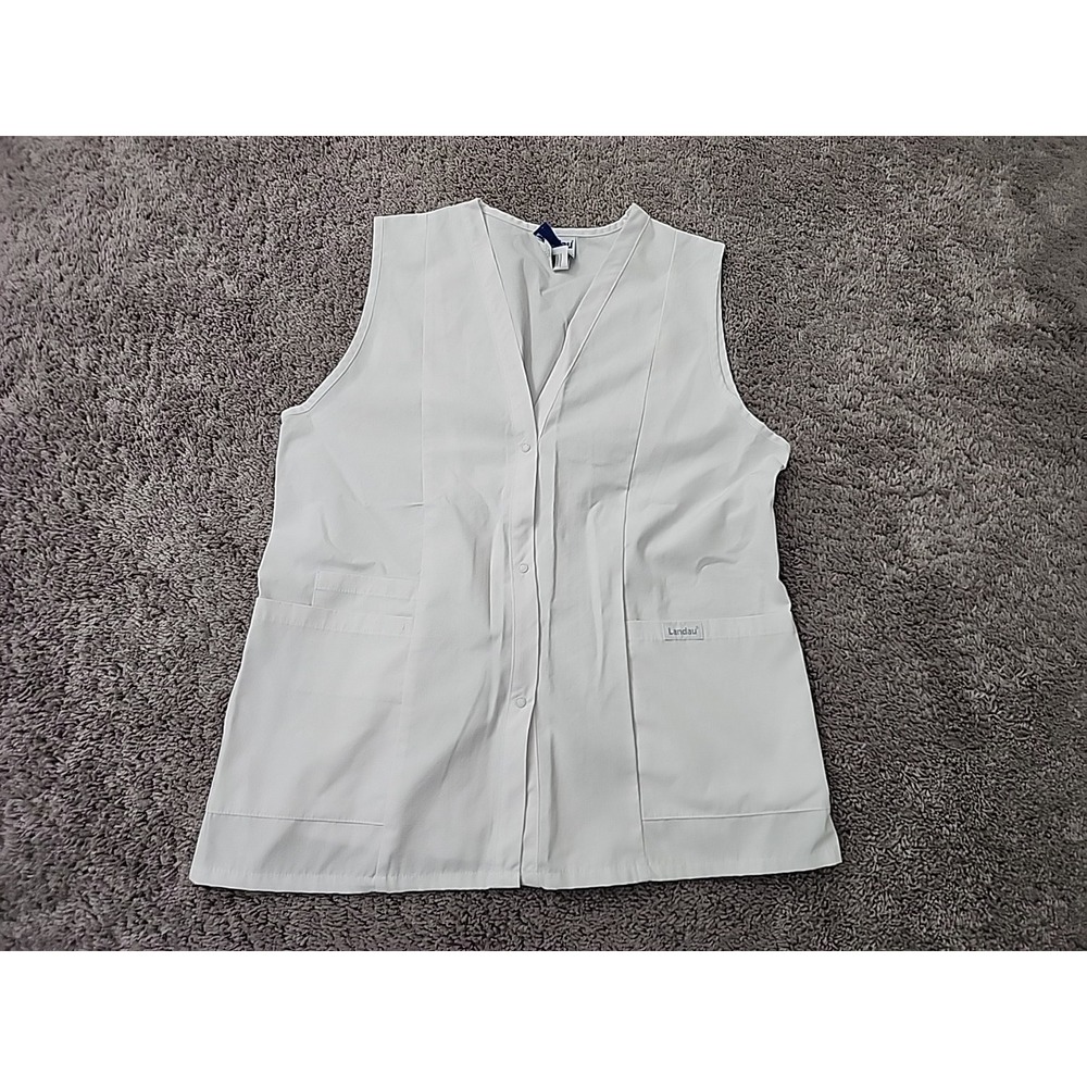 Landau Scrub Vest Women Medium White Good Snap Front Pockets Medical 0755